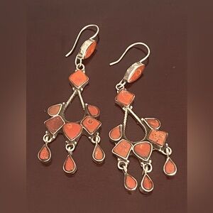 3” Sterling Silver Red Orange Coral Southwestern Style Chandelier Dangle Earring